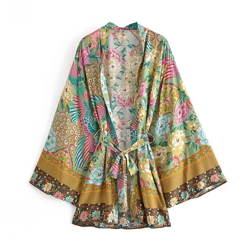 Boho Queens – Vintage Peacock Floral Kimono Robe